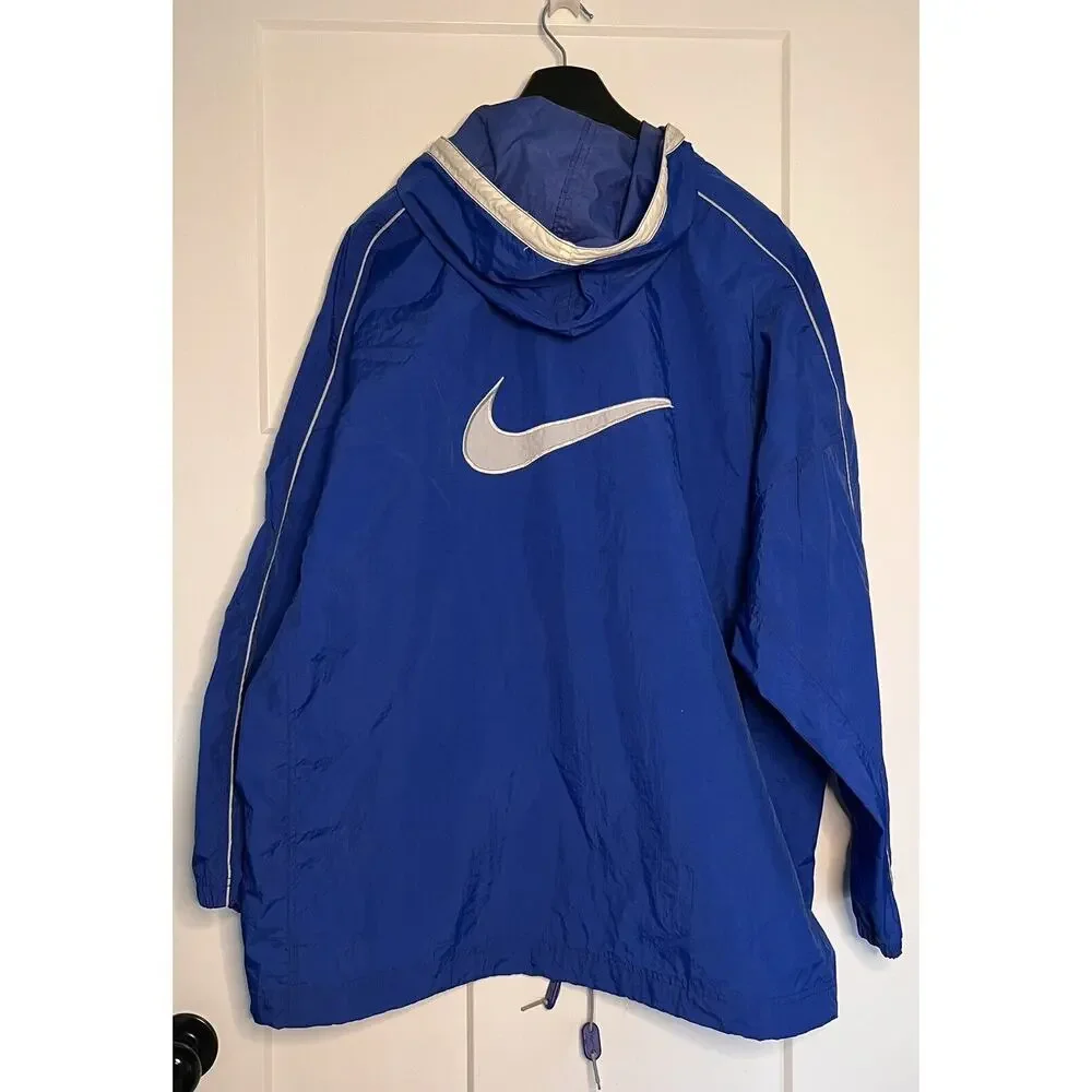Vintage Nike Big Swoosh Windbreaker Full Zip Jacket Blue White MEDIUM Hood